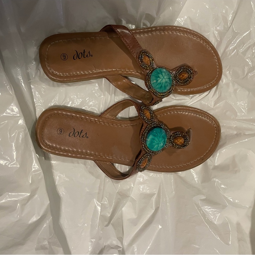 Dots Brown Thong Sandals with Turquoise and Amber Bead Accents